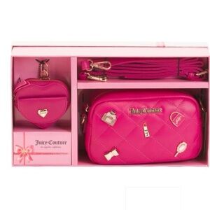 NEW Juicy Couture Puffy Quilted Camera Crossbody Bag Set Raspberry Tart